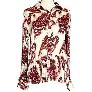 Dana Buchman Blouse 14 Floral Satin Accordion Pleats Button Down